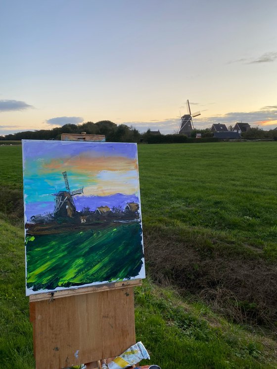 Windmill at sunset. Plein Air