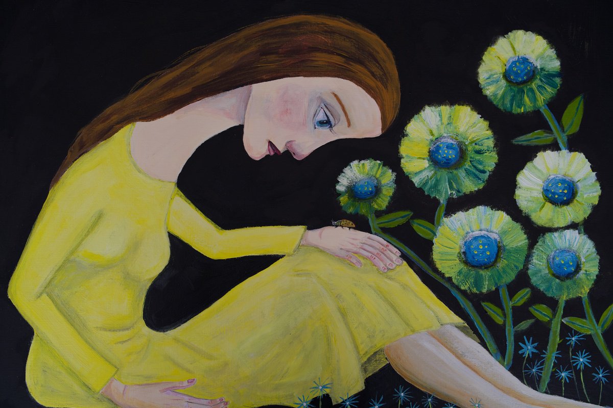 Expressive Portrait Acrylic Painting By Sharyn Bursic, 23 X 17", Lady In Garden With Lady Bug, Original Artwork
