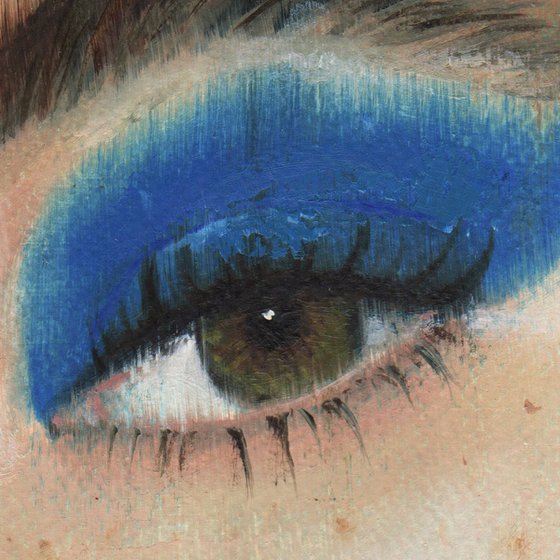 Christina - beauty oil painting of women female on paper blue tones makeup closeup