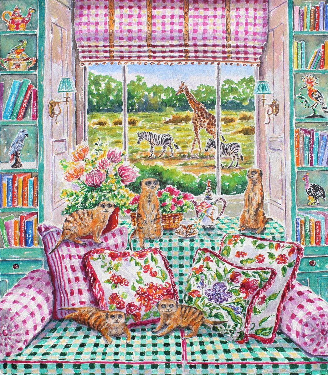 Impressionistic Animal Watercolour By Kristen Olson Stone, 23 X 27", Meerkat Manor, Original Artwork