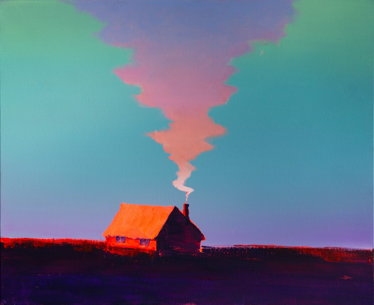 Naive Landscape Acrylic Painting By Bohdan Katolyk, 24 X 20, Cozy Evening, Original Artwork