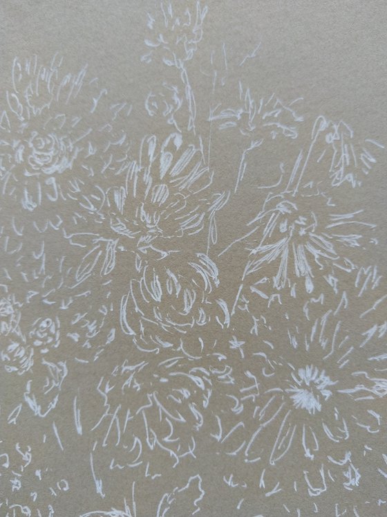 Autumn flowers. Drawing in white ink on gray paper.