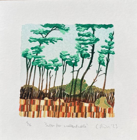 Sutton Hoo, woodland walk  - Tree Line Linocut Print - Mini Print