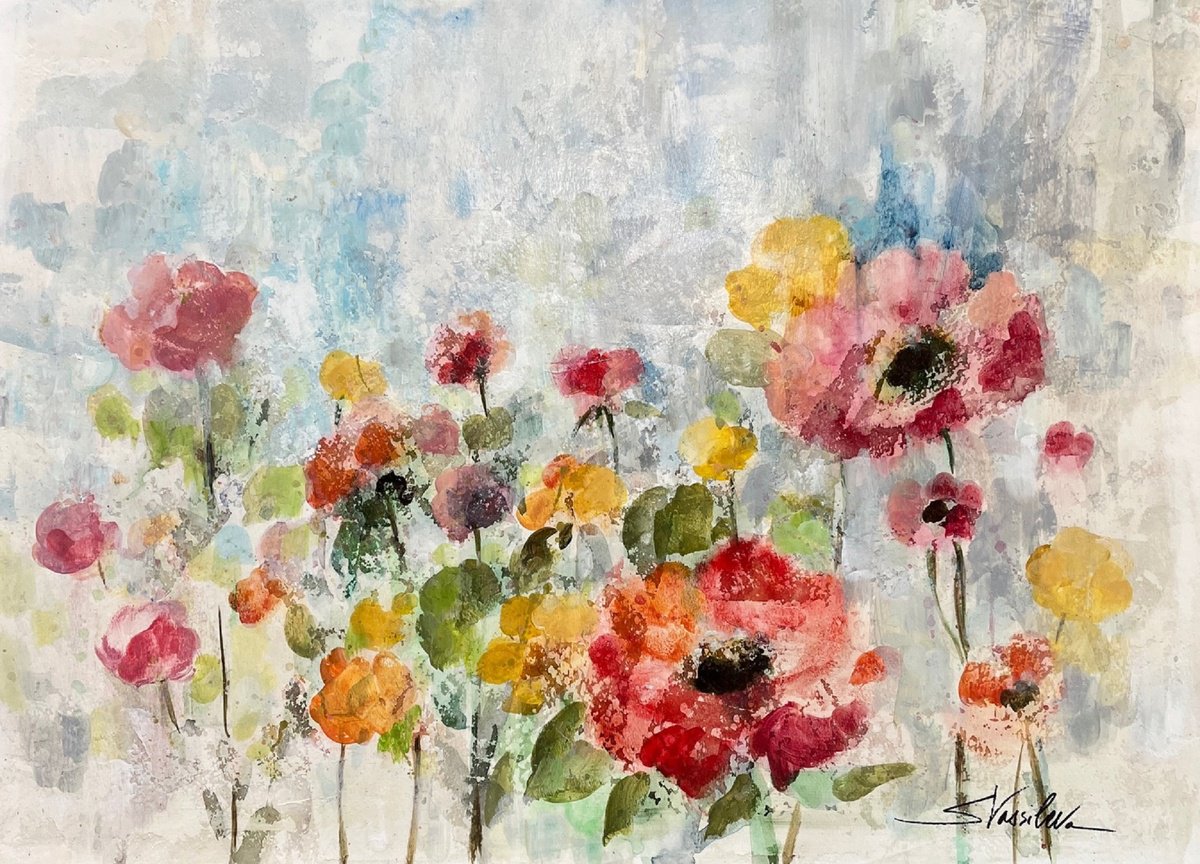 Impressionistic Botanical Acrylic Painting By Silvia Vassileva, 24 X 18", Summer Rain Floral, Original Artwork