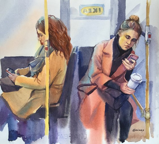 Urban transport. Girls on the bus. Women's portraits.