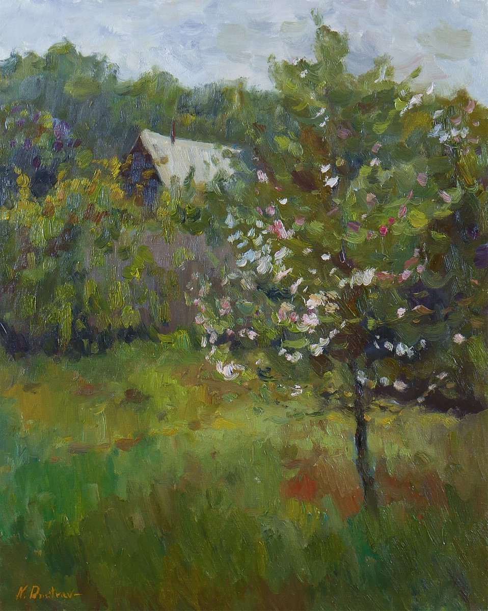 Blooming Apple Tree In The Garden - impressionistic oil painting by Nikolay Dmitriev