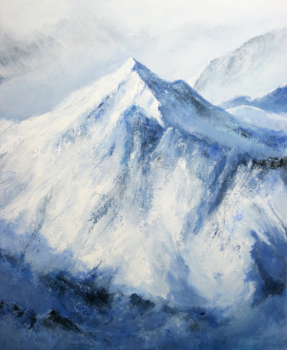 Expressive Landscape Acrylic Painting By Behshad Arjomandi, 32 X 39, Alpine Winter, Original Artwork