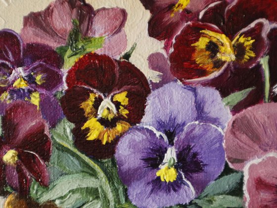 Pansies in Rustic Jug with Cherries