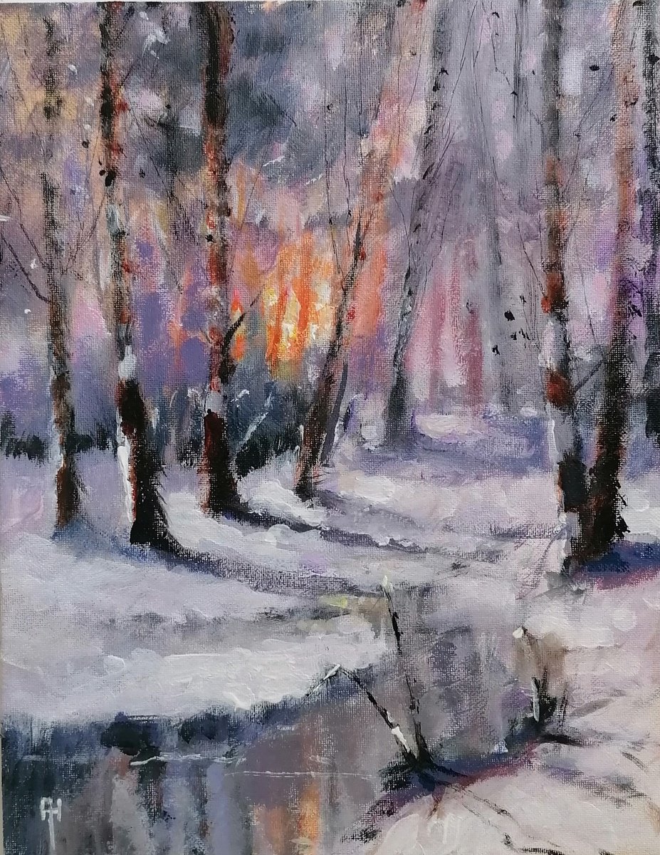Impressionistic Landscape Acrylic Painting By Alan Harris, 10 X 12, Winter Scene 2, Original Artwork