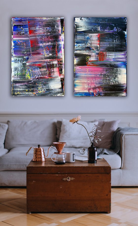 "Serious Moonlight" - Save As A Series - Original PMS Abstract Acrylic Painting Diptych On Canvas - 48" x 36"