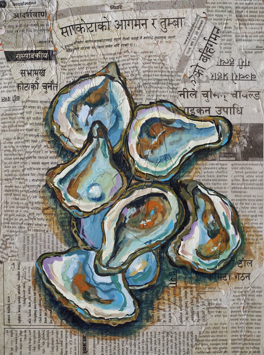 Oysters on the newspaper by Delnara El