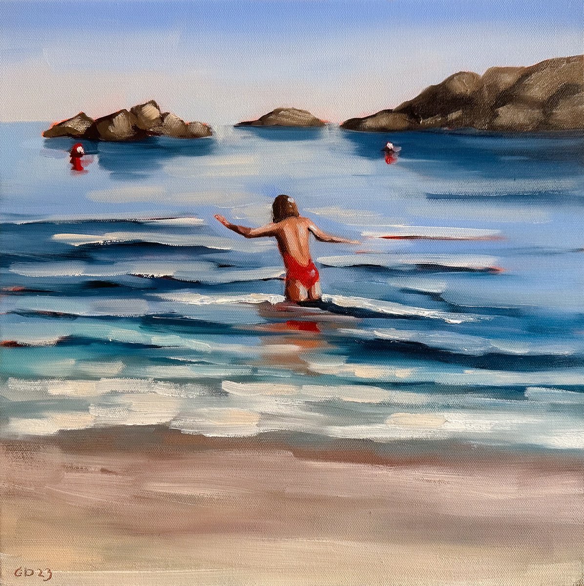 Swimming in Ocean Waves - Woman on California Beach Painting by Daria Gerasimova