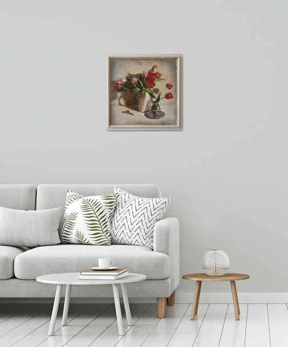 "Spring tulips" still life  metal silver tulip liGHt original painting  GIFT (2019)