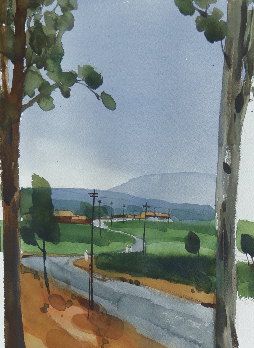 Impressionistic Landscape Watercolour By Prashant Prabhu, 18 X 24", Through The Trees, Path Beyond, Original Artwork