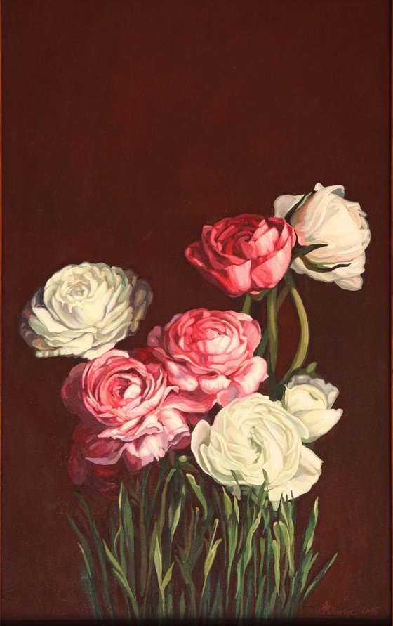 Still life peonies Acrylic painting original on canvas White ecru pink flowers peonies on brawn background Flowers Picture Gift her Wall art