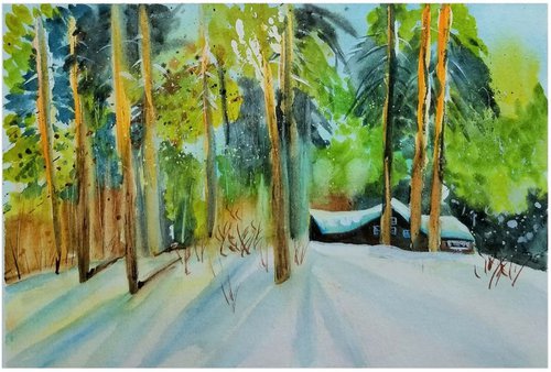 Winter Landscape #4. Original Watercolor Painting on Cold Press Paper 300 g/m or 140 lb/m. Landscape Painting. Wall Art. 7.5" x 11". 19 x 27.9 cm. Unframed and unmatted. by Alexandra Tomorskaya/Caramel Art Gallery