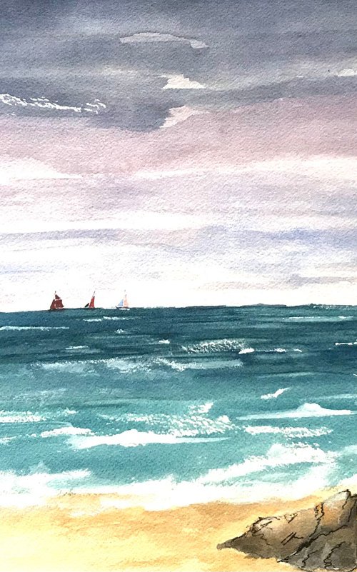 Barge and Yachts off the coast by Brian Tucker