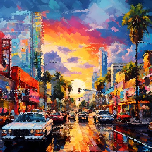 American street at sunset after the rain. Urban cityscene, colorful impressionistic landscape art. Large wall art home decor. Art Gift by BAST
