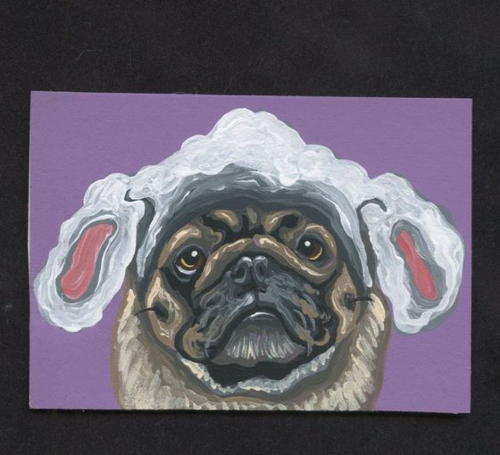 ACEO ATC Original Painting Easter Pug Bunny Dog Art-Carla Smale