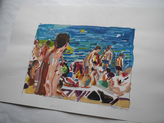 Beach crowd  with man in foreground - goauche