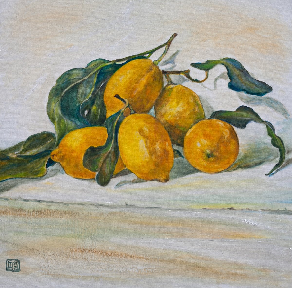 Photorealistic Still Life Oil Painting By Liudmila Pisliakova, 16 X 16", Lemons, Original Artwork