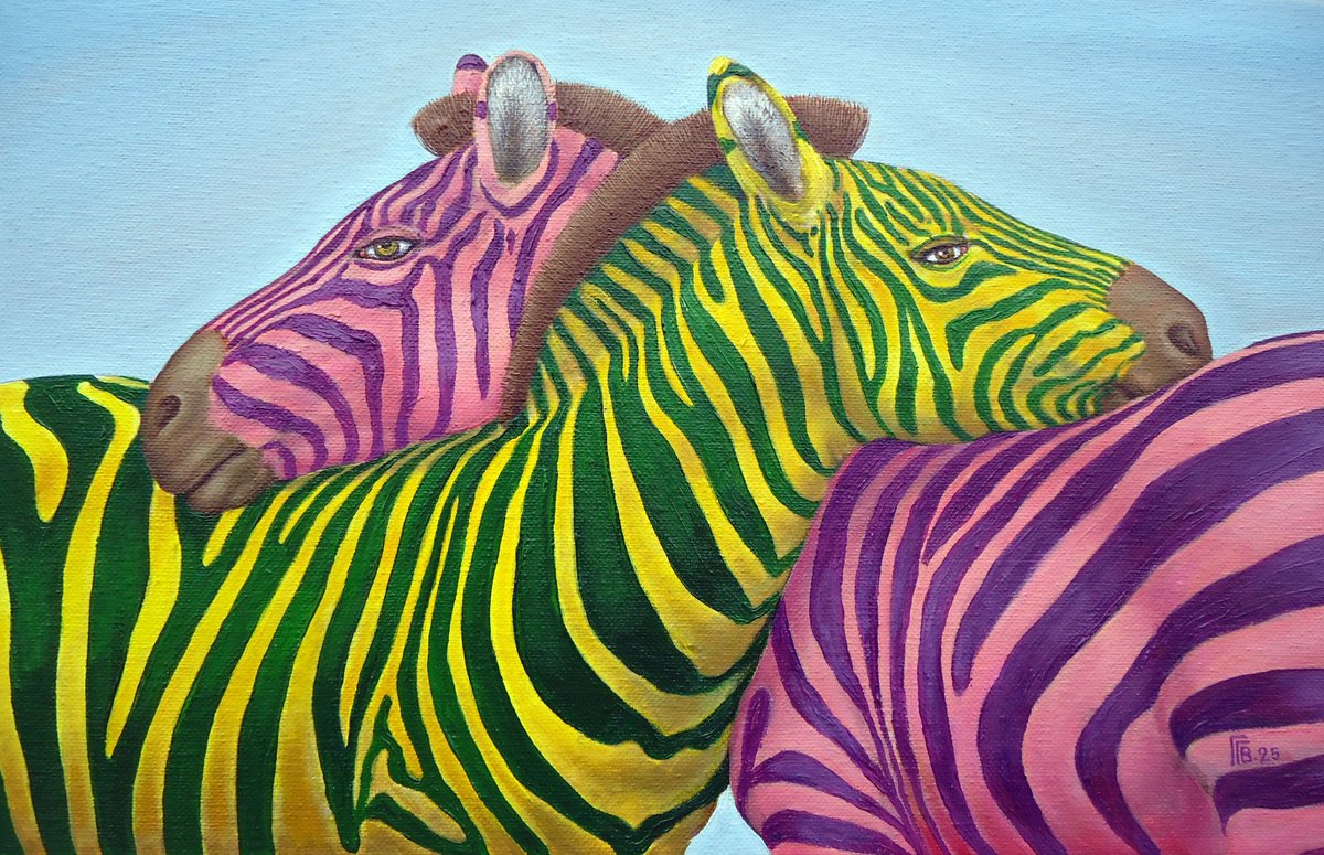 Urban And Pop Animal Oil Painting By Grigor Velev, 16 X 10, Two Of A Hue, Original Artwork