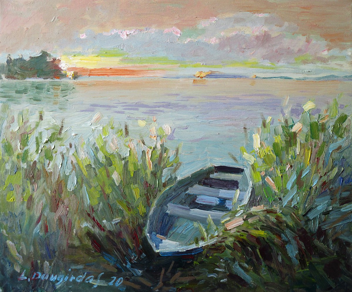 Impressionistic Landscape Oil Painting By Liudvikas Daugirdas, 24 X 20", Boat By The Lake, Original Artwork