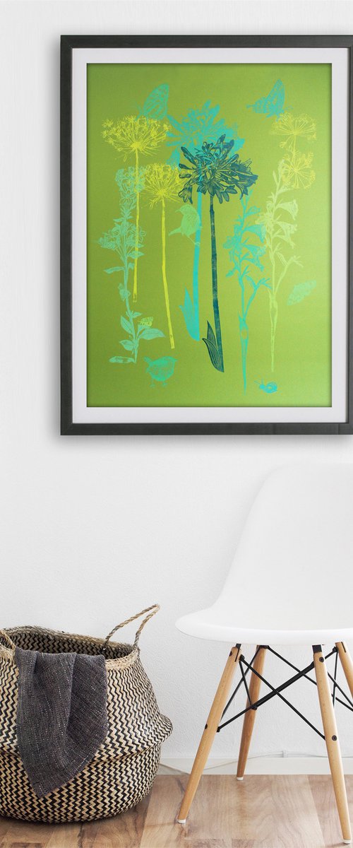 Flora and fauna with greens and blues (#1) on Green "mojito" fabriano card by Carolynne Coulson