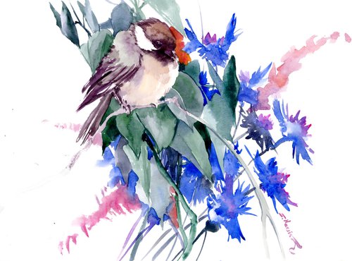 Chickadees, Birds and Cornfield flowers by Suren Nersisyan