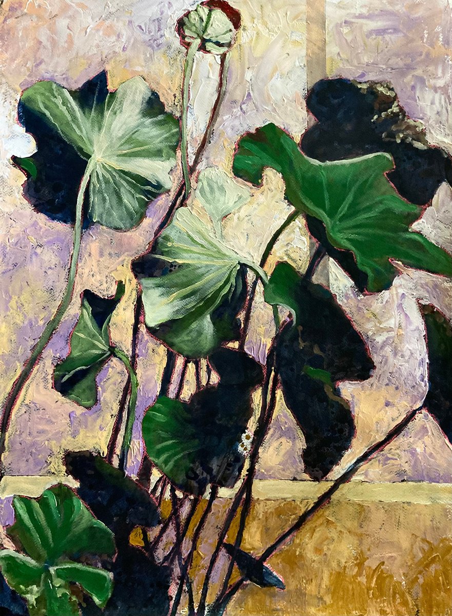 Impressionistic Botanical Acrylic Painting By John Cottee, 22 X 30, Lotus: Light & Dark, Original Artwork