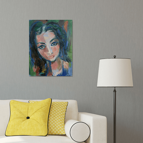 PORTRAIT OF A BEAUTIFUL ISRAELI WOMAN  female portrait, beautiful face, original oil painting, love, young girl 65x50