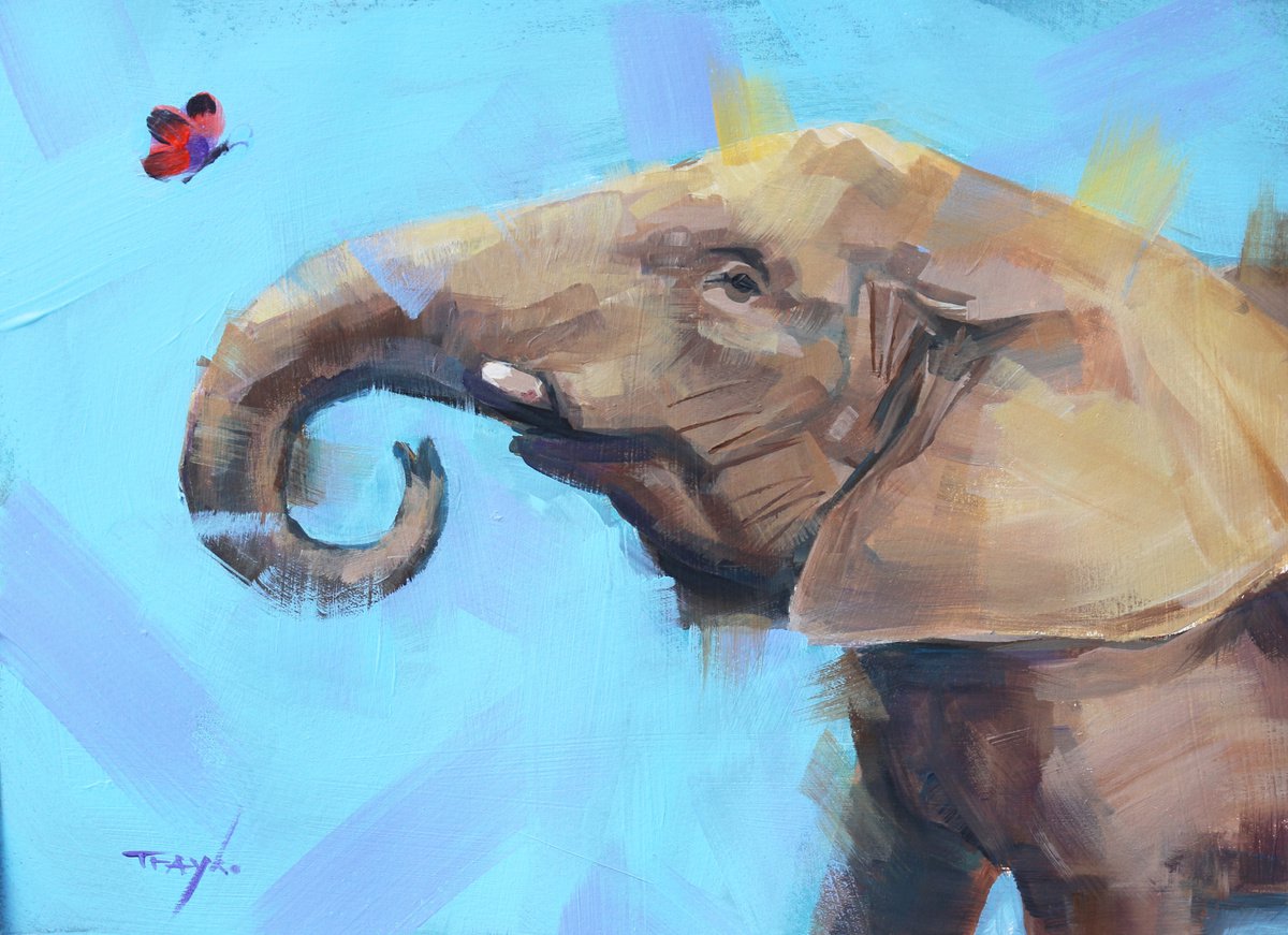 Expressive Animal Acrylic Painting By Trayko Popov, 12 X 9", Elephant And Butterfly, Original Artwork