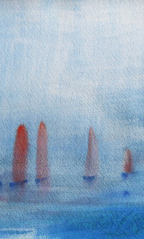 YACHTS in the MIST, ANGLESEY. Original Seascape Watercolour Painting. by Tim Taylor