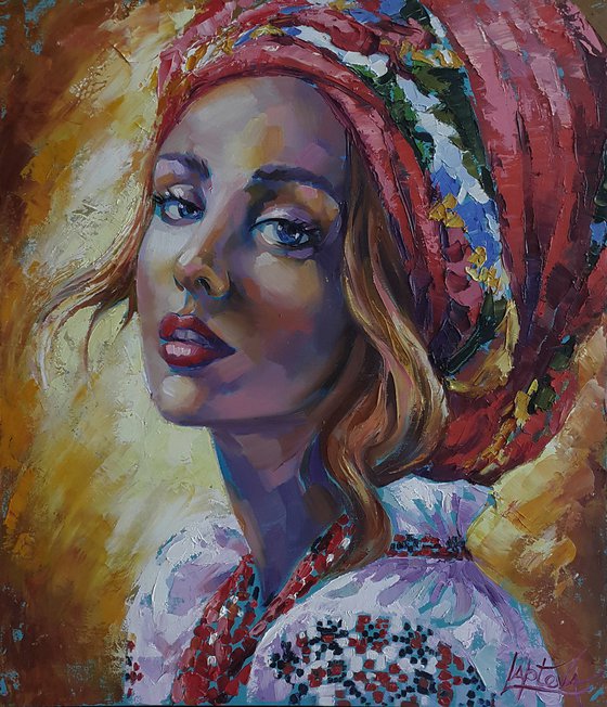 Girl in an embroidered shirt - Painting original oil portrait