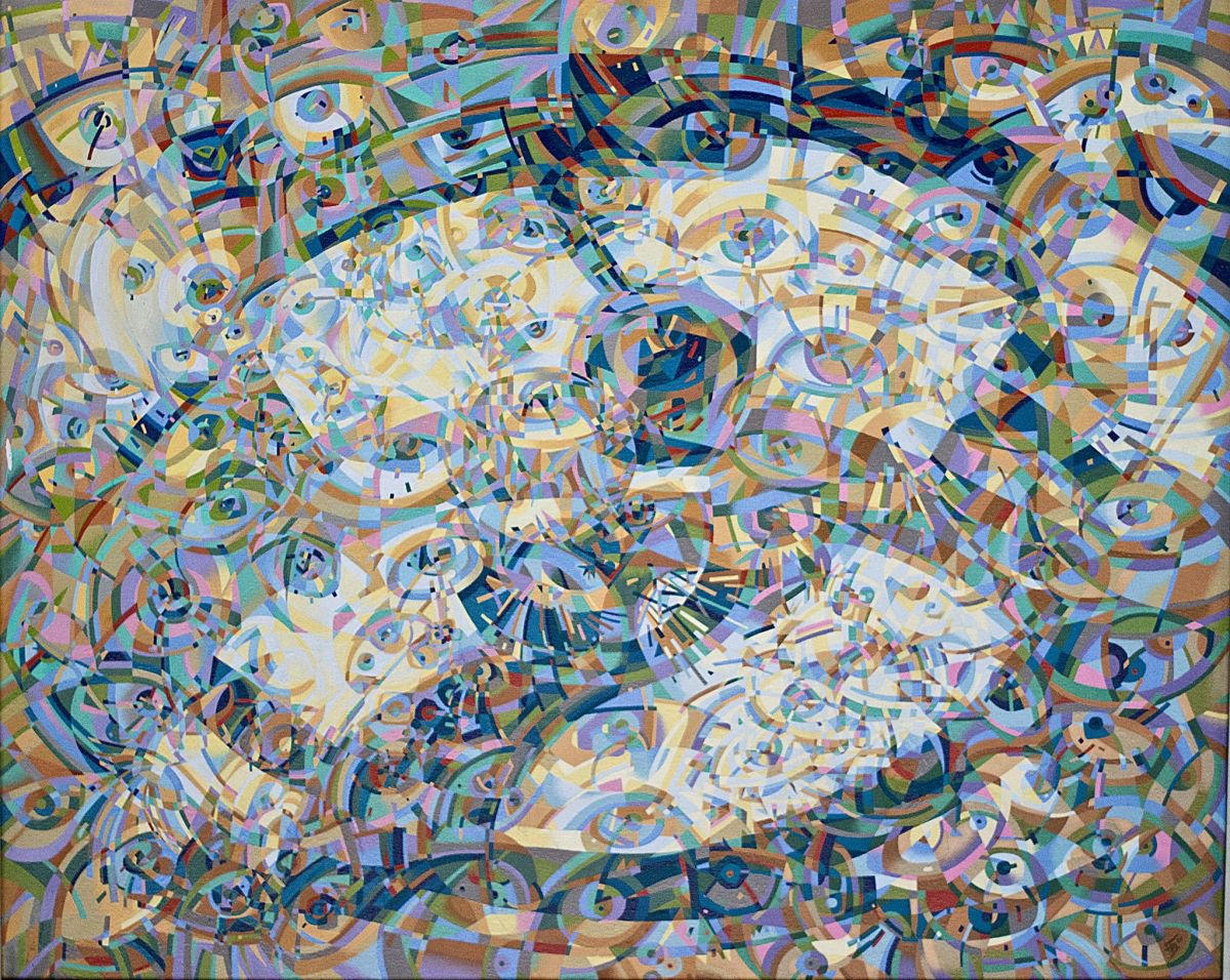 Geometric Abstract Oil Painting By Florina Breazu, 33 X 26, Sacred And Profan Universe, Original Artwork