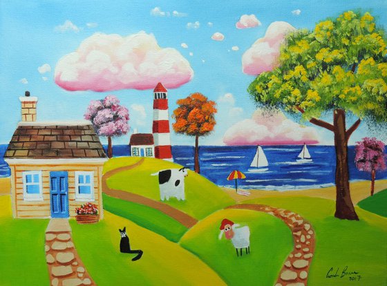 seaside house, cat cow and sheep