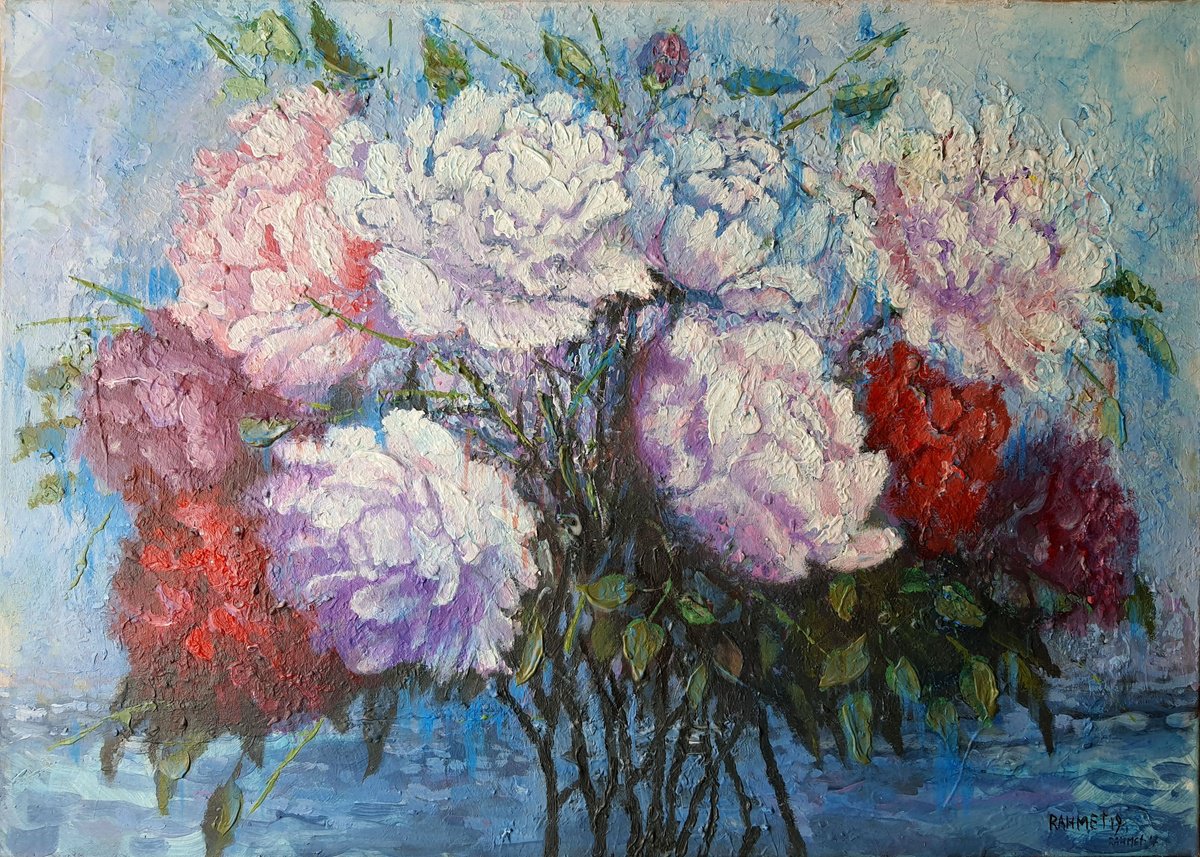 Impressionistic Botanical Acrylic Painting By Rakhmet Redzhepov, 28 X 20", Flowers On Of The Sea, Original Artwork