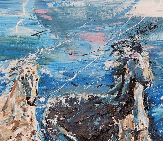 Horse painting - Five horses on the beach 160 x 80 cm. Equine sea art