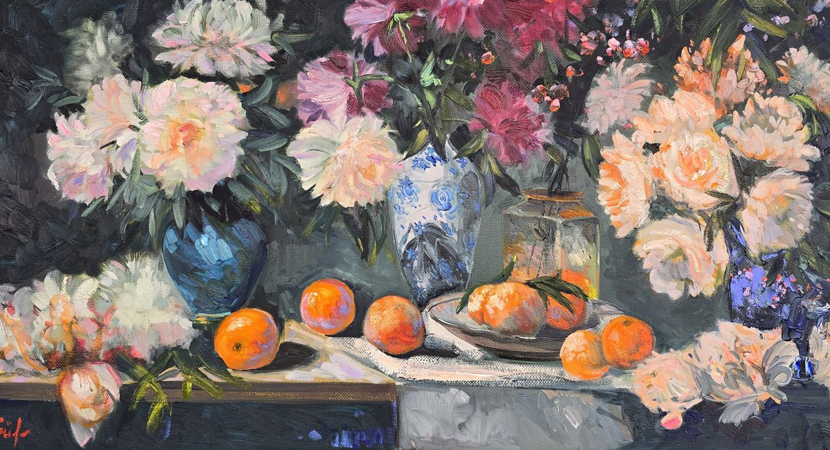 Still Life With Peonies And Oranges By Gulshaba Abbasova, 43 X 24, Artwork For Sale On Artfinder