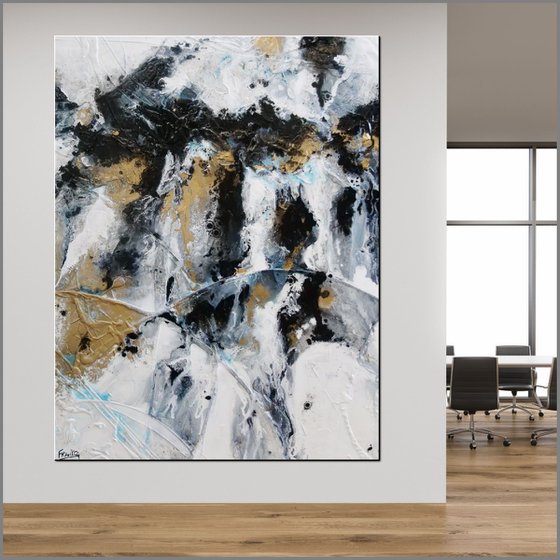 Golden Pepper 140cm x 180cm Black White Gold Textured Abstract Art