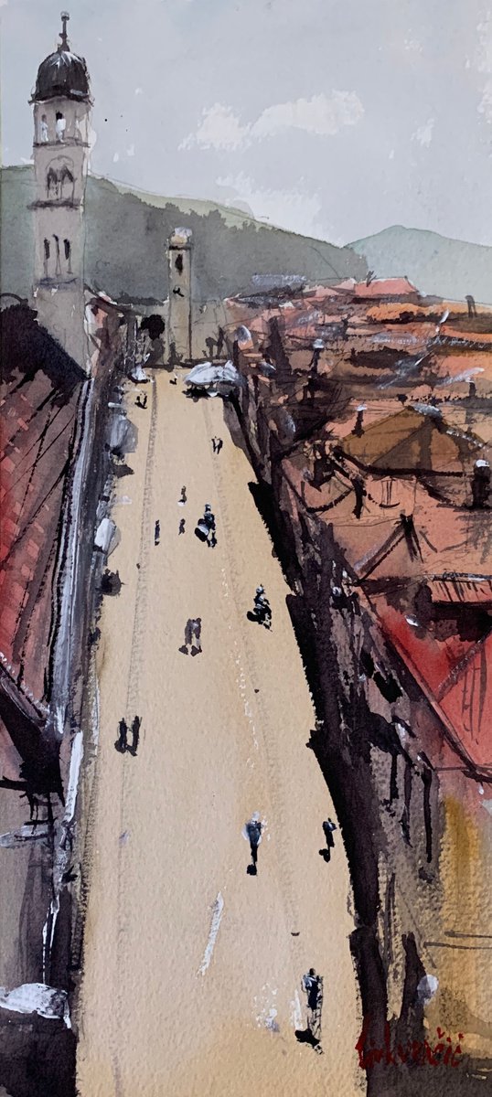 Photorealistic Landscape Watercolour By Tihomir Cirkvencic, 6 X 14", Dubrovnik - Stradun, Original Artwork