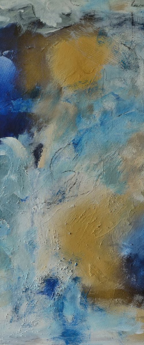 Interlunar Rendevous - abstract mixed media painting in gold, white, cream. by Karin Goeppert