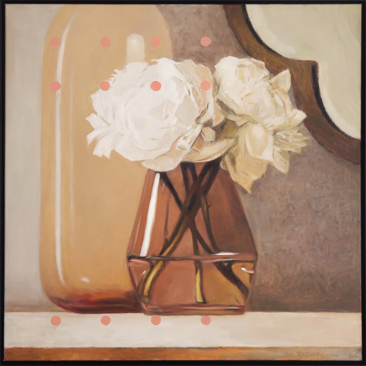 Impressionistic Botanical Oil Painting By Bo Kravchenko, 31 X 31, 12 Pink Dots, Original Artwork