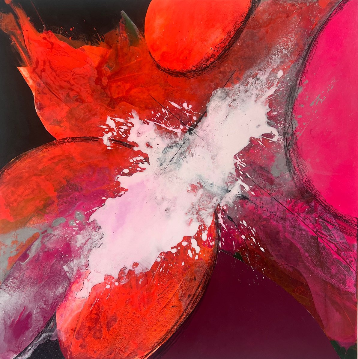 Expressive Abstract Acrylic Painting By Irene Gartner, 39 X 39, Cherry Brandy, Original Artwork