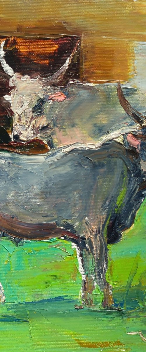 Calves on green grass . Spring sketch with bulls Original oil painting by Helen Shukina