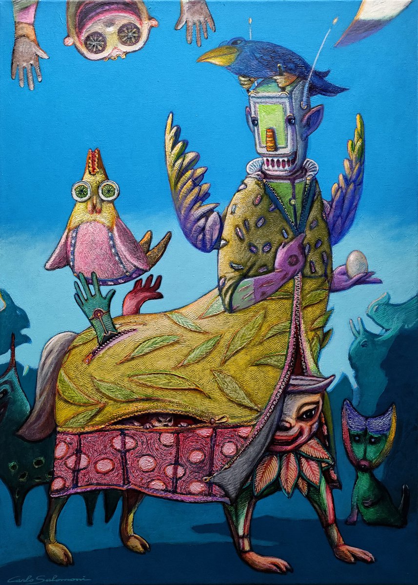 Surrealistic Animal Painting By Carlo Salomoni, 20 X 28, The Egg Picker, Original Artwork