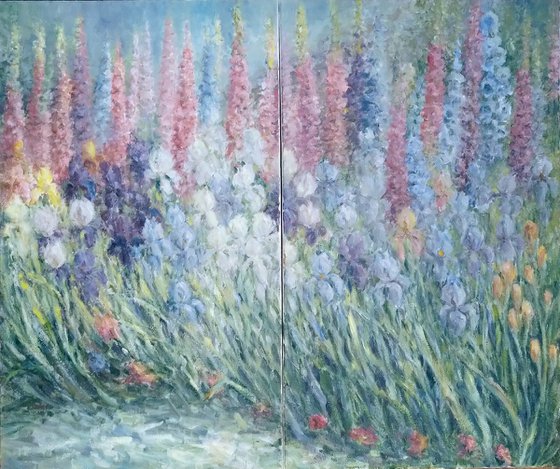 Diptych. Irises in the garden. Original oil panting.