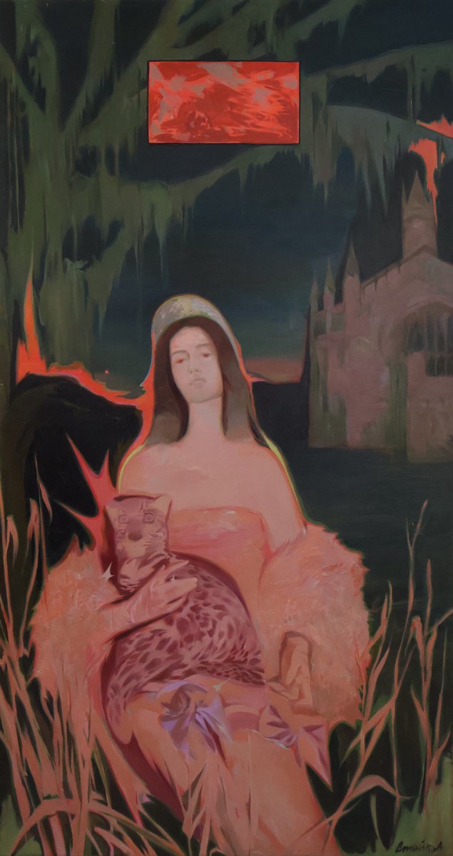 Impressionistic Portrait Oil Painting By Stefan Stoikov, 31 X 59", Madonna And Leopard, Original Artwork