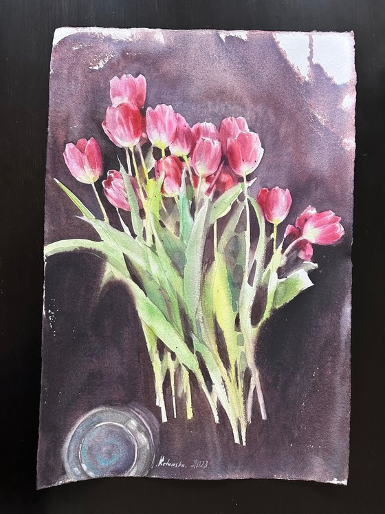 Watercolour. Tulips smell like spring.