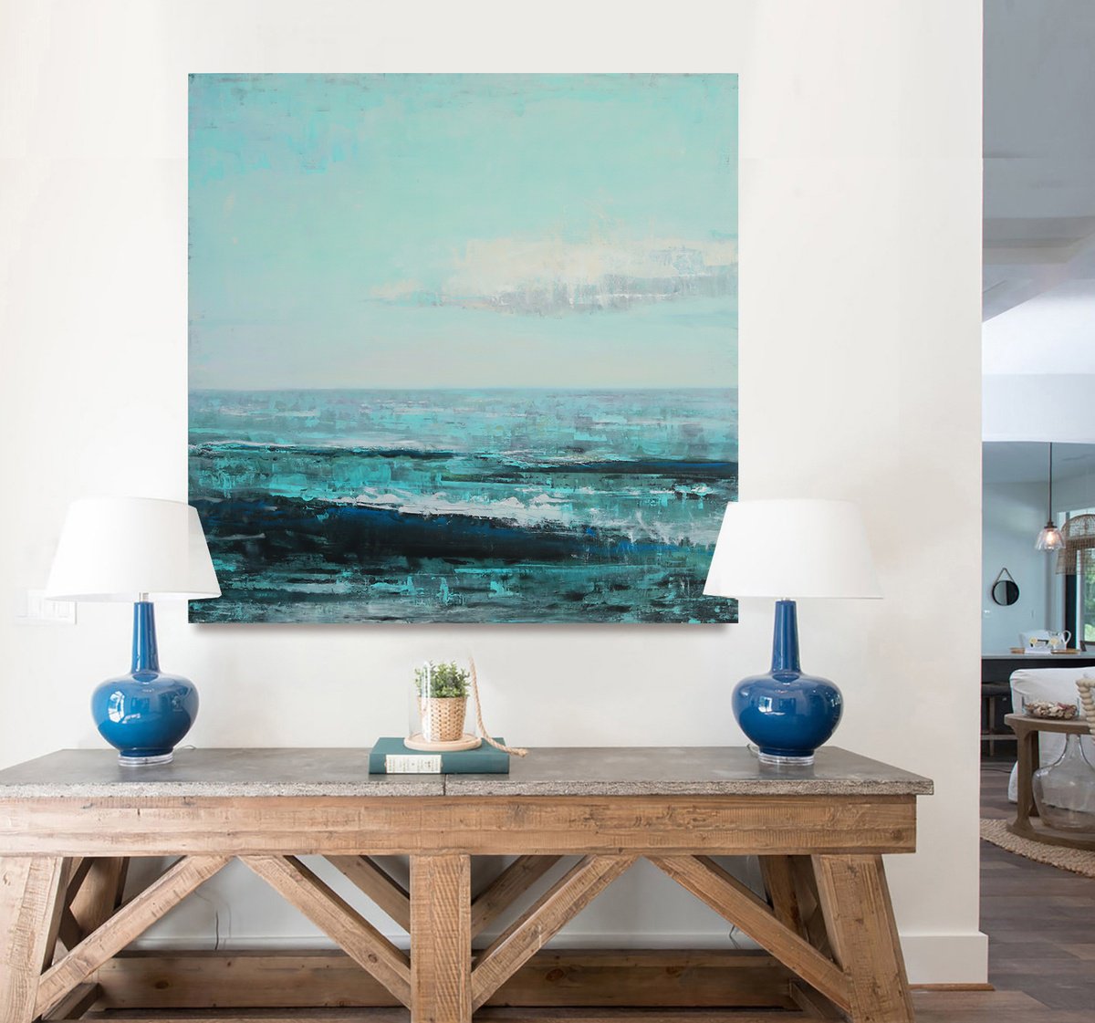 Impressionistic Landscape Oil Painting By Bo Kravchenko, 48 X 48, Teal Blue Ocean, Original Artwork